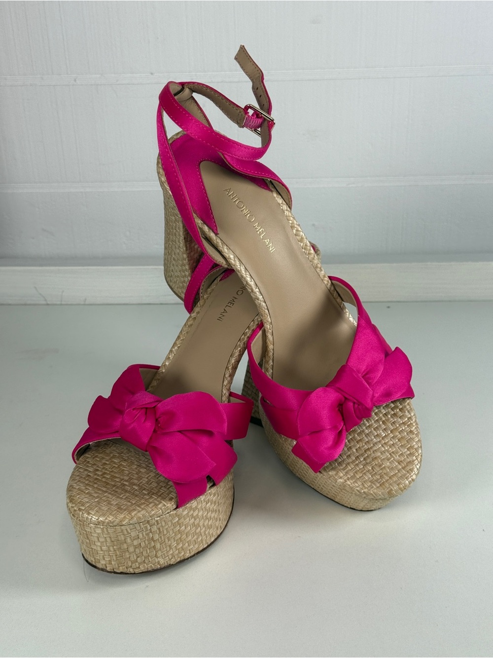 ANTONIO MELANI Pink Satin Bow Platform Wedge Sandals